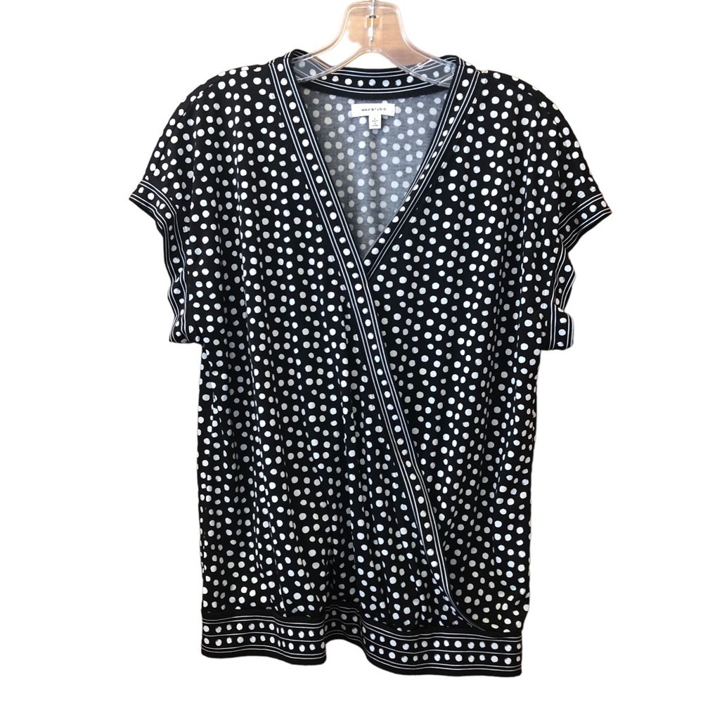 Max Studio/ Woman’s/ short sleeve/ Poka dot blouse/ Faux Wrap Blouse / size L
